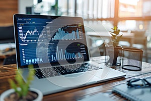 Business analytics dashboard on a laptop screen. Statistics, graphs and charts