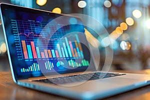 Business analytics dashboard on a laptop screen. Statistics, graphs and charts