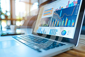 Business analytics dashboard on a laptop screen. Statistics, graphs and charts