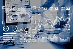 Business analytics dashboard reporting concept with KPI, people analyzing data