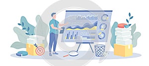 Business Analytics, Data Analysis, Financial Report. Businessman analyze statistical data, graphs and charts. Vector illustration photo