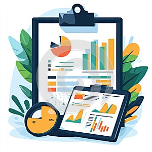 Business analytics data charts graphs reports progress isolated on white background