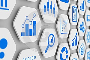 Business analytics and data science concept with graph and chart icons on 3D hexagonal grid, abstract illustration of KPI, metrics