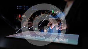 Business analytics and financial market trends display with charts, graphs, and statistics in a digital interface during