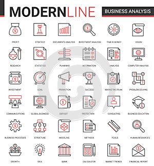 Business analytics flat thin red black line icons vector illustration set, businessman analyst tools for digital