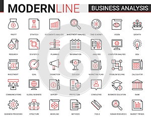 Business analytics flat thin red black line icons vector illustration set, businessman analyst tools for digital