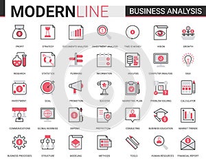 Business analytics flat thin red black line icons vector illustration set, businessman analyst tools for digital