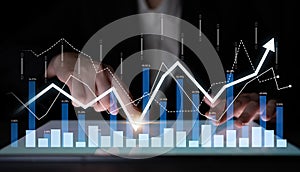 Business analytics growth graph with digital tablet screen showcasing data trends, statistics, and financial performance