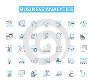 Business analytics linear icons set. Data-driven, Insights, Intelligence, Metrics, Analysis, Optimization, Predictive