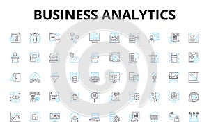 Business analytics linear icons set. Data-driven, Insights, Intelligence, Metrics, Analysis, Optimization, Predictive