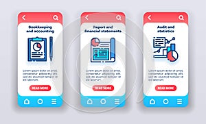 Business analytics on mobile app onboarding screens. UI UX GUI template