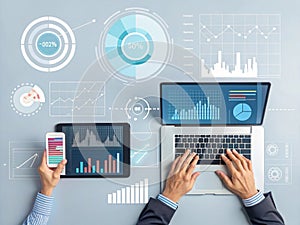 Business analytics modern technology data analysis devices showing charts and graphs