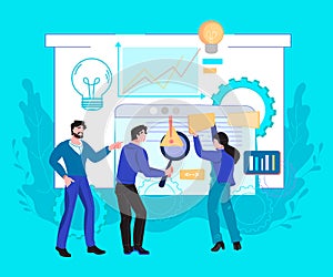 Business analytics with office workers studying infographic, flat vector illustration