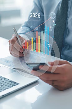 Business analytics professional exploring data trends with technology in office setting