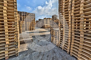 Business area with large stacks of euro cargo pallets photo