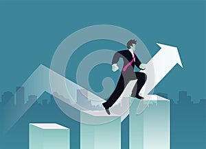 Business arrow concept with businessman on arrow flying to success. grow chart up increase profit sales and investment. background