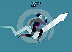 Business arrow concept with businessman on arrow flying to success. grow chart up increase profit sales and investment. background