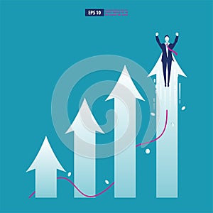 Business arrow concept with businessman on arrow flying to success. grow chart up increase profit sales and investment. background