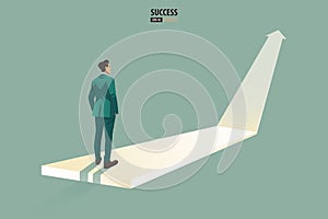 Business arrow concept with businessman contemplate to be success. grow chart up increase profit sales and investment. background