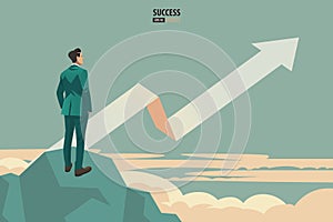 Business arrow concept with businessman contemplate to be success. grow chart up increase profit sales and investment. background