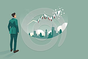 Business arrow concept with businessman contemplate to be success. grow chart up increase profit sales and investment. background