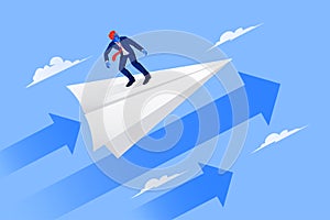 Business arrow concept with businessman on paper airplane flying to success. grow chart up increase profit sales and investment. b