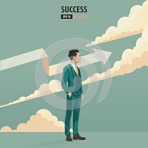 Business arrow concept with businessman with suit looking up into the sky and cloud. grow chart increase profit sales and