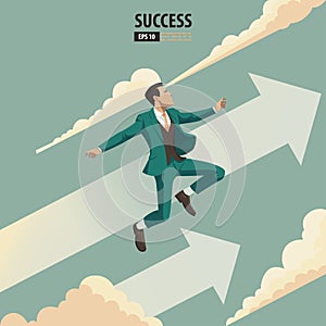 Business arrow concept with businessman with suit looking up into the sky and cloud. grow chart increase profit sales and