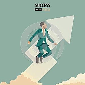 Business arrow concept with businessman with suit looking up into the sky and cloud. grow chart increase profit sales and