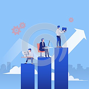 Business arrow concept with businessman  working with their  computer and laptop on the graph. grow chart up increase profit sales