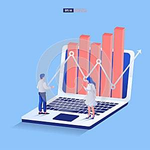 Business arrow and graph concept with woman and man discuss data on the laptop. grow chart up increase profit sales and investment