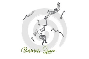 Business, arrow, woman, rivalry, success, contest concept. Hand drawn isolated vector.