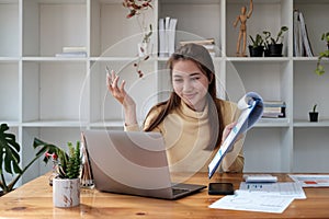 Business asian woman giving online presentation discuss financial report talking make conference video call.