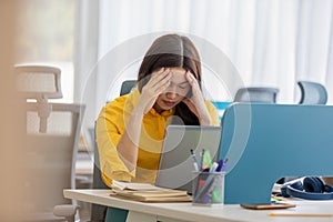 Business Asian woman have a Migraine so headache and stresses have a trouble and problem of her work,Office syndrome concept