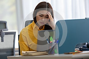 Business Asian woman have a Migraine so headache and stresses have a trouble and problem of her work,Office syndrome concept