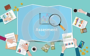 Business assesment with team working together with maps and magnifying glass vector