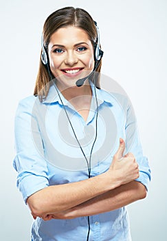 Business assistant. Call center woman operator show thumb up.