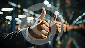 Business Associates Signify Approval and Consensus by Raising Their Thumbs in the Meetin