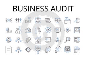 Business audit line icons collection. Financial review, Performance assessment, Operations evaluation, Market analysis