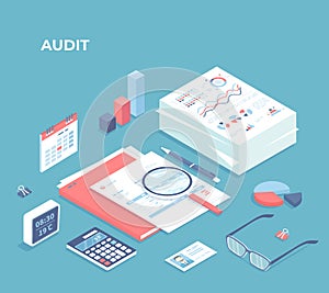 Business auditing Analysis Accounting Calculation Analytics. Charts graphs, piles of documents, calculator, calendar, magnifying