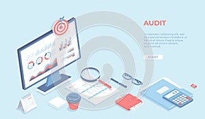 Business auditing Analysis Accounting Calculation Analytics. Monitor with charts graphs, documents, wallet, calculator, magnifying