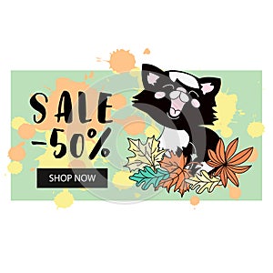 Business Autumn Color Vector Illustration CAT SALE BANNER for Digital Print on any subjects