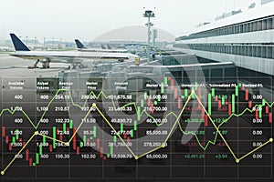 Business aviation marketing with stock information data, candlesticks, graph and chart show successful investment on travel and