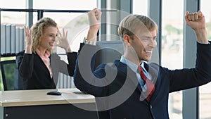 Business background of business people showing excited with smiling face in office
