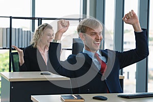 Business background of business people showing excited with smiling face in office
