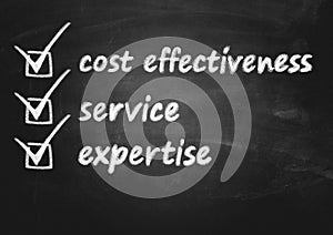 Business background concept for cost effectiveness, service and expertise