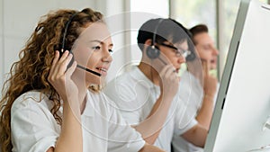 Business background of customer service agents on telephone service to customers at helpdesk call center