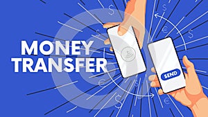 Business background with human hand and phone, sending and receiving money wireless, money transfer mobile application vector