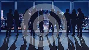 Business background of silhouette of business people standing together and talking with background of cityscape through building