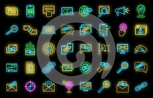 Business backlink strategy icons set vector neon